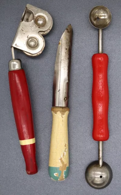 Lot 3 Vintage Mid-Century Kitchen Utensils EKCO Knife Sharpener, Peeler & Baller