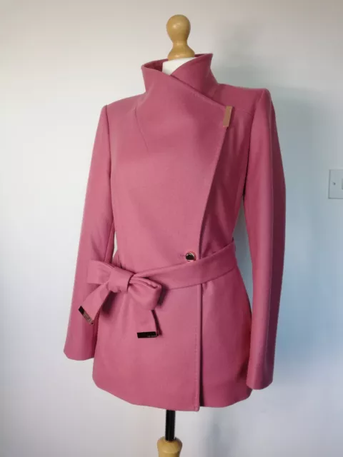 TED BAKER RYTAA coral pink wool blend belted wrap coat RRp 269