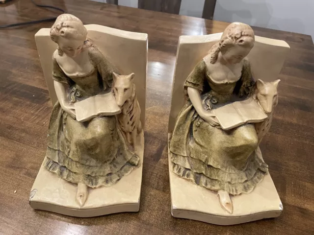 1930s Colonial Revival Chalkware Bookends Woman and Dog