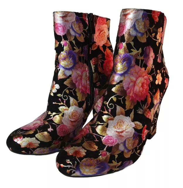 Bamboo Women Black and Pink Floral Embroidered Ankle Boots 9 Namaste 22M