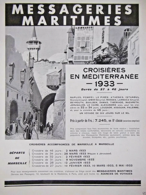 1933 Mediterranean Maritime Messenger Cruises Press Advertisement