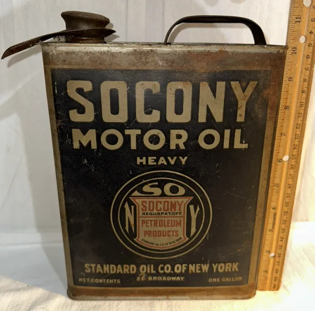 Antique Socony Motor Oil Tin Litho Early Narrow 1G Can Standard Oil Gas Station