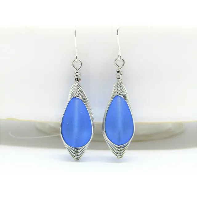 Teardrop-Shaped Frosted Sea Glass Silver Ladies Dangle Earrings, Handmade