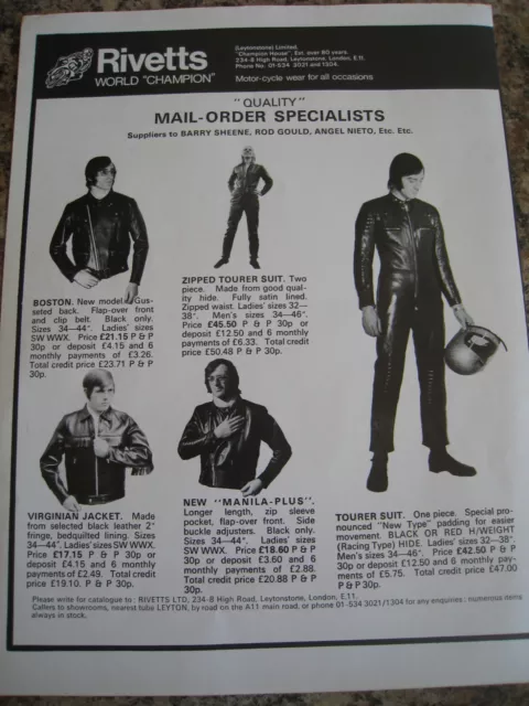 Rivetts World Champion Motor-Cycle Wear For All Occasions 1972 Advert A4 File 34