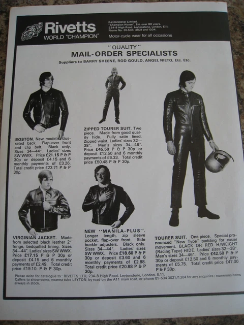 Rivetts World Champion Motor-Cycle Wear For All Occasions 1972 Advert A4 File 34 Rivetts World Champion Motor-Cycle Wear For All Occasions 1972 Advert A4 File 34