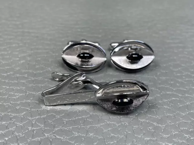 Vintage Black Onyx "Eyeball" Sterling Silver Cuff Links with Tie Clasp