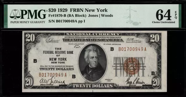 1929 $20 Federal Reserve Bank Note - New York - FR.1870-B - Graded PMG 64 EPQ