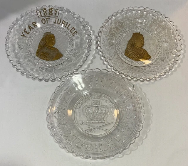 3 ANTIQUE VICTORIAN Pressed Glass Plates Queen Victoria Jubilee 1887