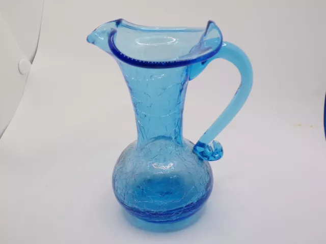 Vintage hand blown blue crackle glass pitcher small