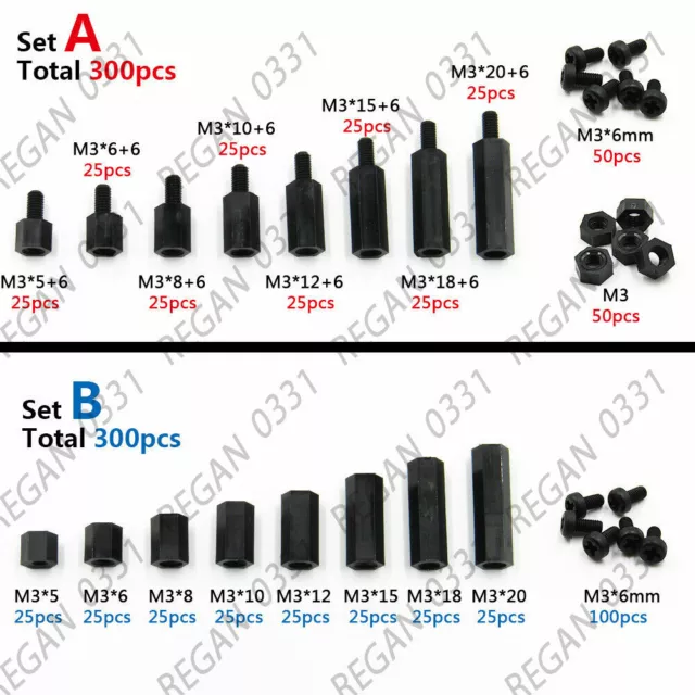 300X Black Plastic Nylon M3 Hex Column Standoff Spacer Screw Nut Assortments PCB
