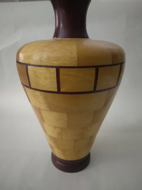 Handmade Segmented Wood Turned Vase Urn Lidded Color Inlay 11" Tall 2