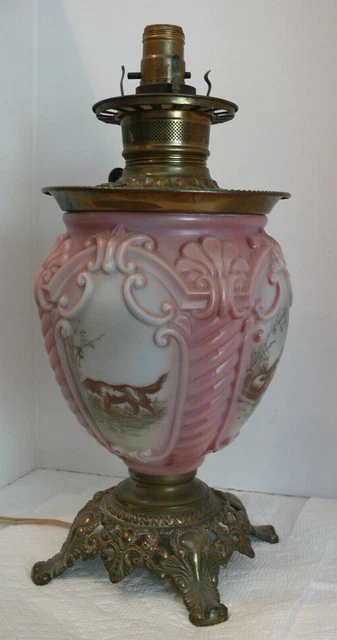 Antique GWTW  Fostoria Oil Lamp Base Font Victorian Parlor Spaniel Hunting Dog