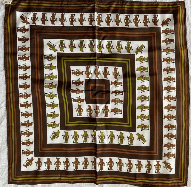 Foulard Carré Echo En Soie Vintage - 70x70cm - Motif Marron/kaki/vert - Occasion Très Bon état