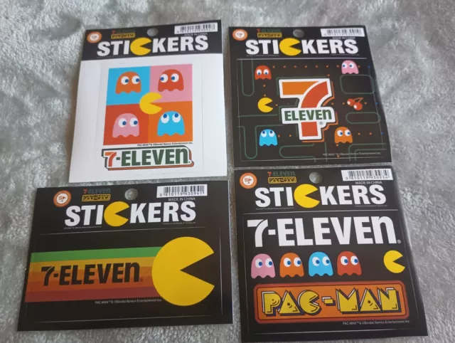 RARE 7-Eleven Pac-Man Bandai Namco Stickers 4pc Set Retro Vintage Arcade Style