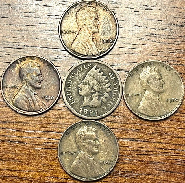 1897 Indian Head Cent Plus 1930 1930 D 1936 1947 (5)