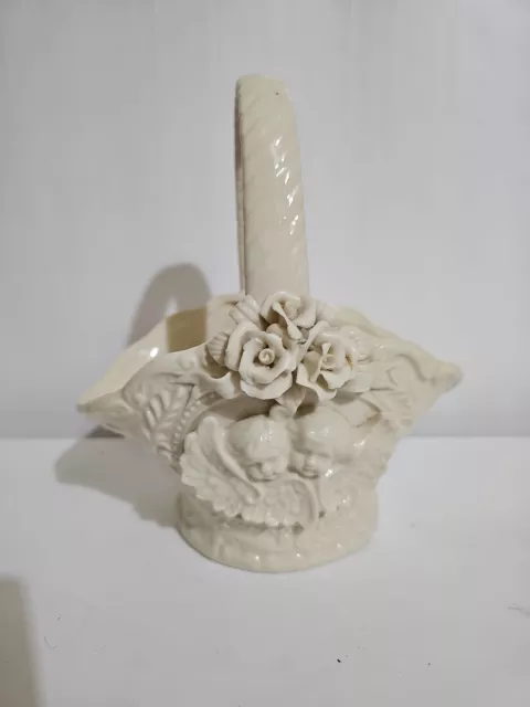 Vintage Porcelain Basket Raised Capodimonte Style Roses Ribbon Woven Handle