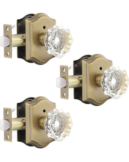 Gobrico 3 Pack Privacy Crystal Glass Door Knobs In Antique Brass