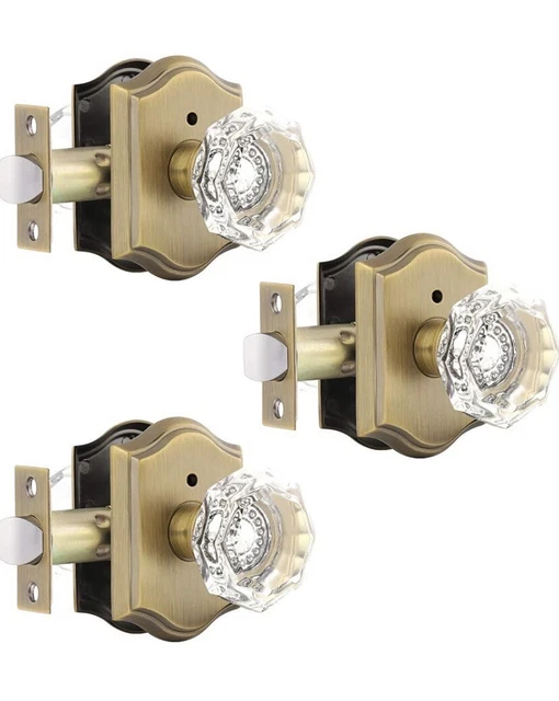 Gobrico 3 Pack Privacy Crystal Glass Door Knobs In Antique Brass