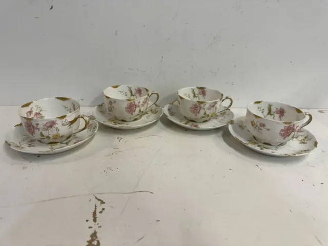 Antique Haviland Limoges Porcelain Set of 4 Cups and Saucers w/ Pink Floral Dec.