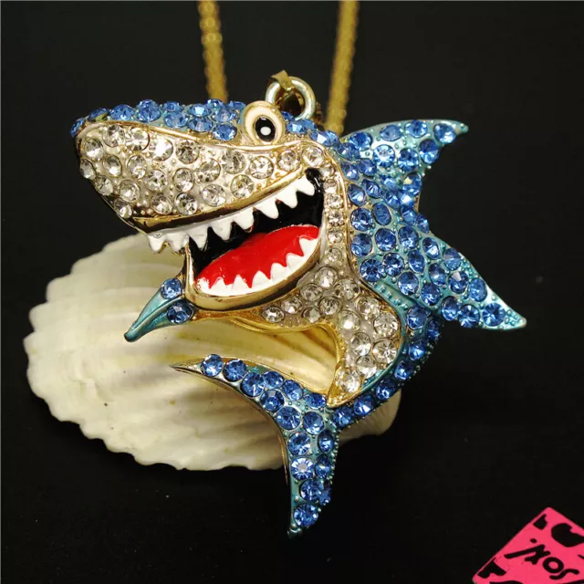 New Enamel Blue Crystal Cartoon Shark Fashion Women Pendant Sweater Necklace