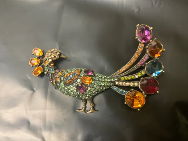 Heidi Daus Pretty Pave Peacock Brooch Pin. Multicolored. 3.5” Long. **READ