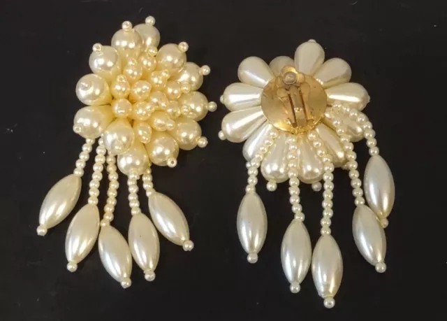 Vintage Cream Faux Pearl Beaded Cluster Clip On Chunky Tangle Earrings 3"