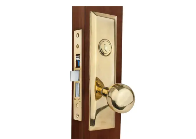 ML900 Series Bright Brass Entry Mortise Lock with Knob Escutcheon Reversible