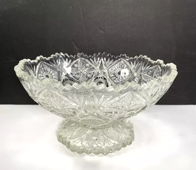 American Brilliant Cut Pedestal Glass Bowl Ornate Sharp Etching CHIP 4.5" x 9"