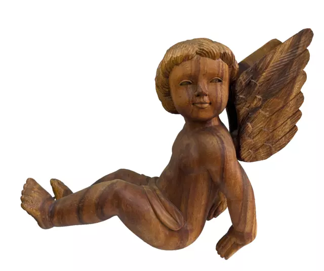 Large Vintage Putti Angel Cherub Sculpture Hand Carved Solid Wood Figure