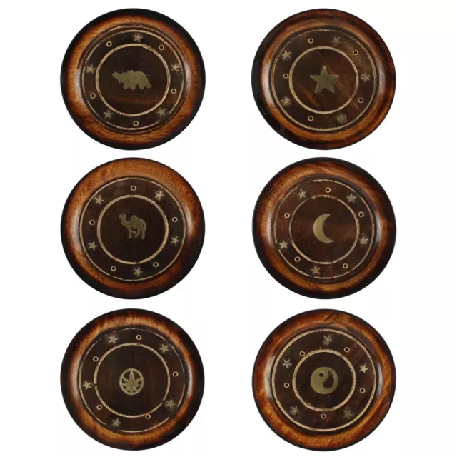 Mango Wood Round Plate Incense Holder with Brass Inlay