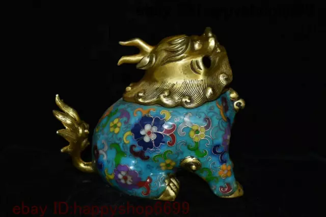 Old China Folk Bronze Cloisonne Enamel Dragon Foo Dog Lion Incense Burner Censer