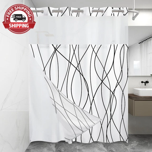 No Hook Black and White Striped Shower Curtain with Snap in Fabric Liner Set - H