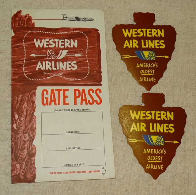 WESTERN AIRLINES GATE Pass Phillips 66 Envelope & Two Decals circa