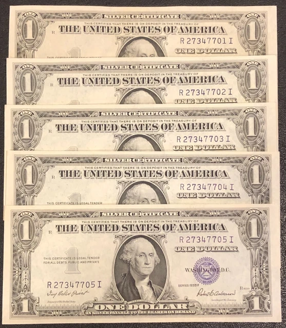 (5)x $1 One Dollar 1935 Silver Certificate Consecutive Serial #s Notes Bill UNC!