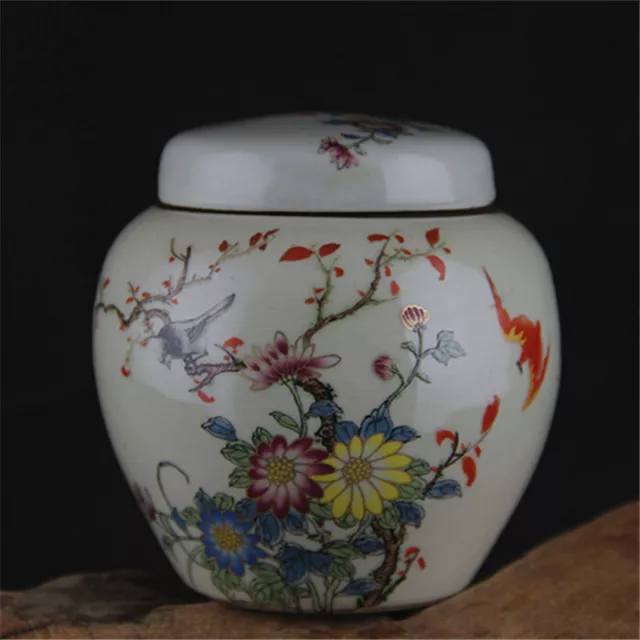 4.25” Chinese Porcelain Qing Tongzhi Famille Rose Flowers And Birds Tea Caddies 2