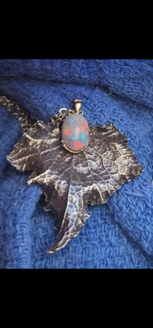 Sterling Silver And 16 Kt Gold Opal Solitaire Leaf Motif Pendant