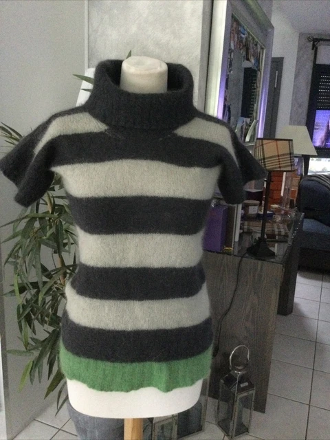 Pull Sisley En Mohair - Taille XS - Blanc Et Noir - Col Roulé - Bon état