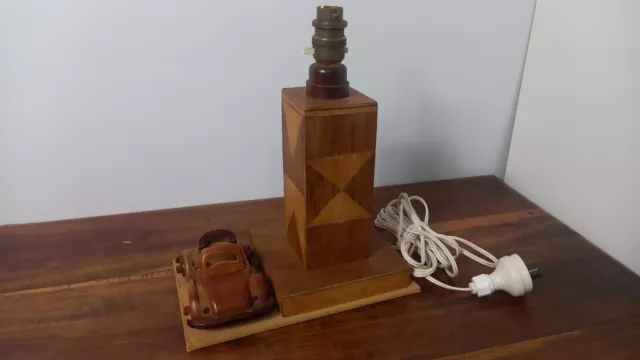 Wood Parquetry Desk Lamp With Car Brass Fittings Vintage???
