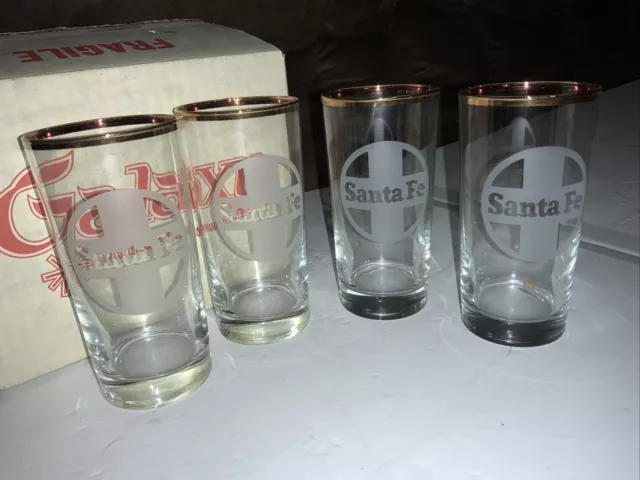 4 Railroad Water 5 1/2” Glasses Tumbler Santa Fe Cup Train Gold Rim