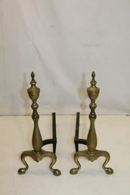 Antique Pair of Regency Style Brass Andirons, Fireplace, 19th Century