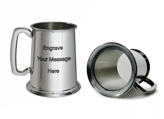 NEW Personalised 1 Pint Glass Base Polished Pewter Tankard Any Message Engraved