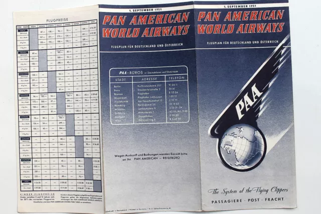 20922 PAN AMERICAN WORLD AIRWAYS PAA Flugplan Deutschland Österreich 1.9. 1951