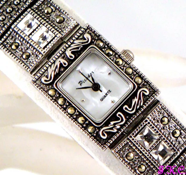 Silver Deco Vintage Genu Marcasite Statement Bracelet Watch w/ Swarovski Crystal