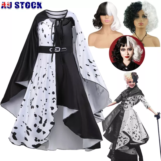 Kids Girls Cruella de Vil Costume Fancy Dress Curly Wig Halloween Cosplay Outfit