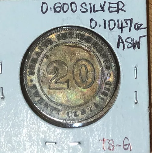 1910 STRAITS SETTLEMENTS 20 CENTS “TONED” SILVER  COIN-EDWARD VII-KM#22a
