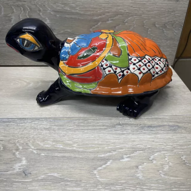 Vintage Large Talavera Turtle Mexican Pottery Folk Art Hand Painted Signed 13”