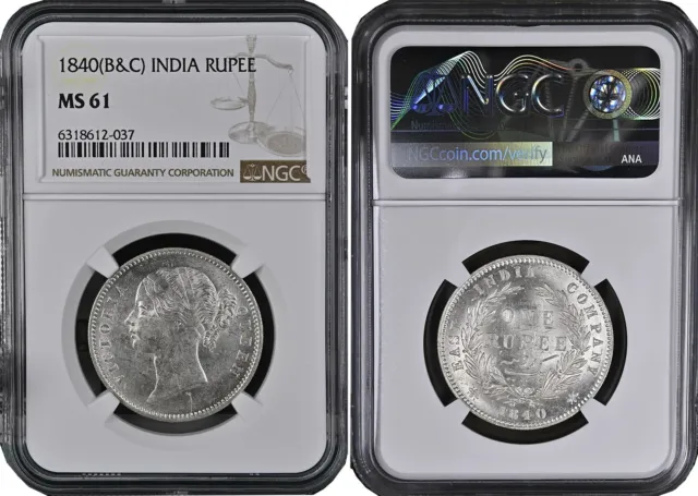 EIC Victoria Queen 1840 AD (B&C) DL 28 Berry Silver Rupee NGC Graded MS 61