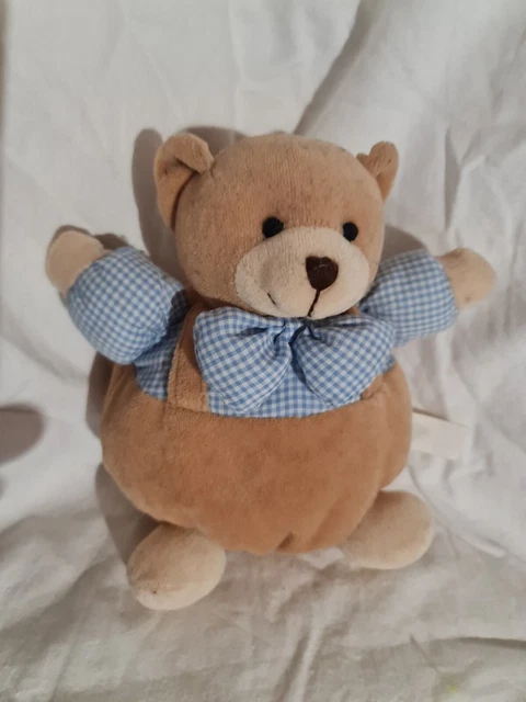 Doudou Ours boule beige et vichy bleu Priscilla Larsen -tbé- 18 cm ancien modèle