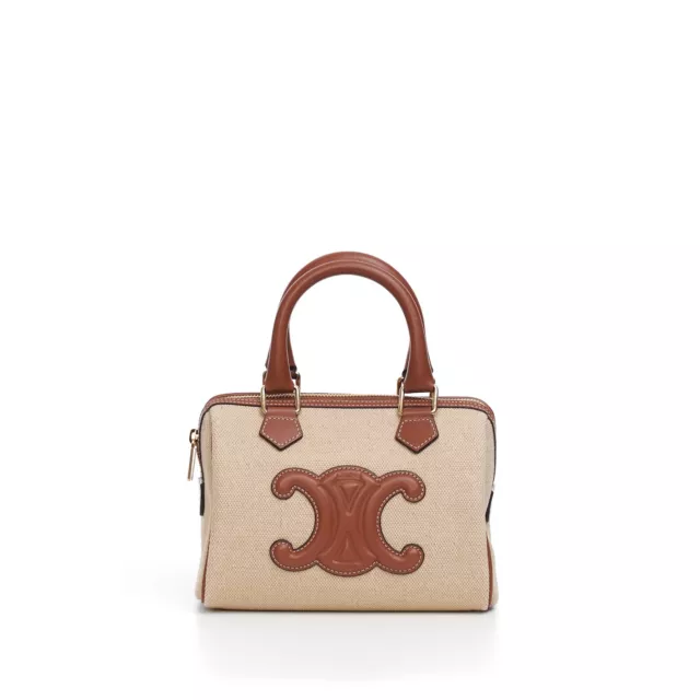 Celine - Small Boston Cuir Triomphe in Striped Textile and Calfskin Leather - Beige / Brown - for Women
