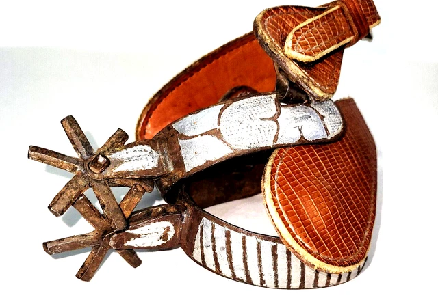 Vtg Mexican Spurs Pair Silver Details W/ Straps 6 Rowel 2 3/4"D x 3"W Band 1"W
